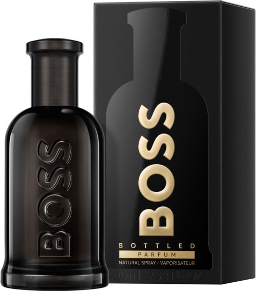 Ein schwarzer Parfümflasche mit 'BOSS' eingraviert, daneben eine passende schwarze Schachtel mit Goldschrift.