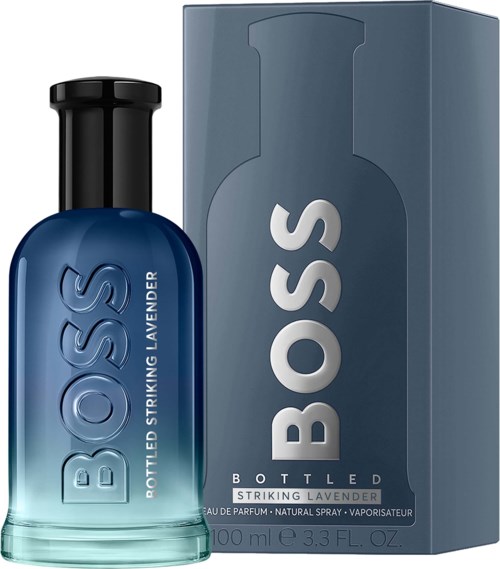 Een blauw parfumflesje met BOSS en lavendelaroma en de bijpassende doos.