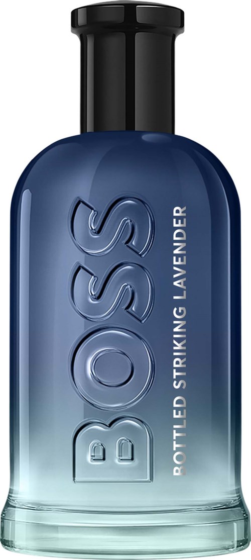 Blauwe glazen fles met grote BOSS-logo en tekst Bottle Led Striking Lavender.