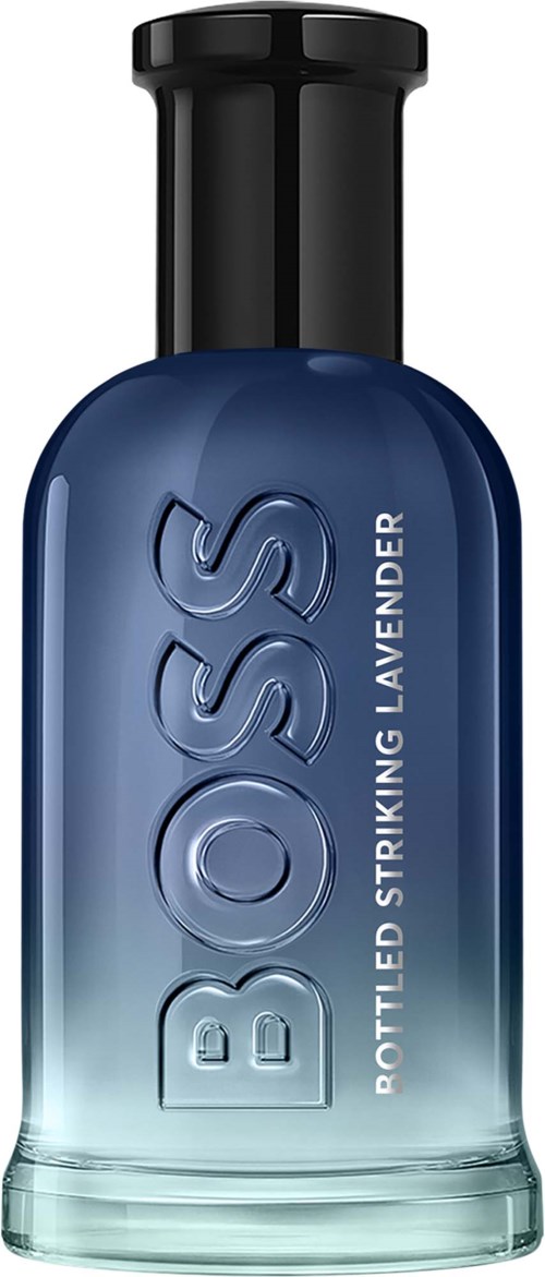 Een blauwe fles met Boss en een lavendelgeur.