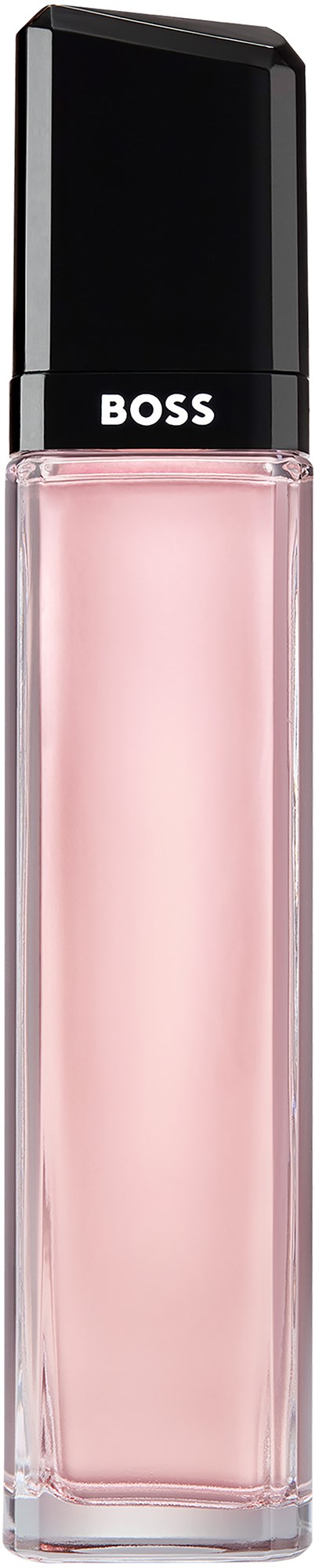Een lange, doorzichtige fles met roze vloeistof binnen, zwarte dop en het woord 'BOSS' op de dop.