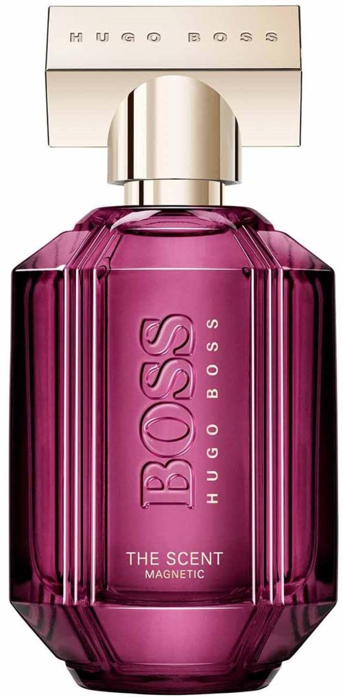Een flesje Hugo Boss parfum met paarse glas en een metalen dop. Het heeft de woorden 'Hugo Boss' en 'The Scent Magnetic'.