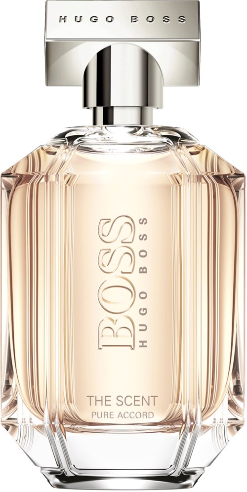 En parfyllåda märkt Hugo Boss med en elegant, enkel design och ljusrosa vätska inuti.
