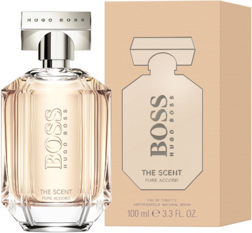 En parfyllflaska med silverlock och en låda med matchande design för Hugo Boss's 'The Scent Pure Accord'.