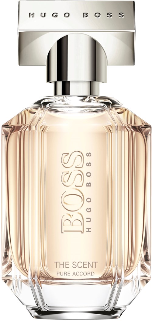 En parfyll flaska med silverlock, ljusrosa vätska och märket 'Hugo Boss'.