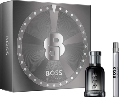 BOSS perfume gift set with a black bottle and silver spray, shown with a sleek black box featuring a clock design.