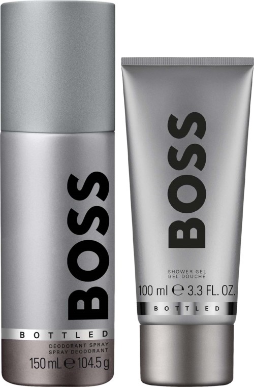 A silver deodorant spray bottle and a matching shower gel tube from Boss Bottled line.