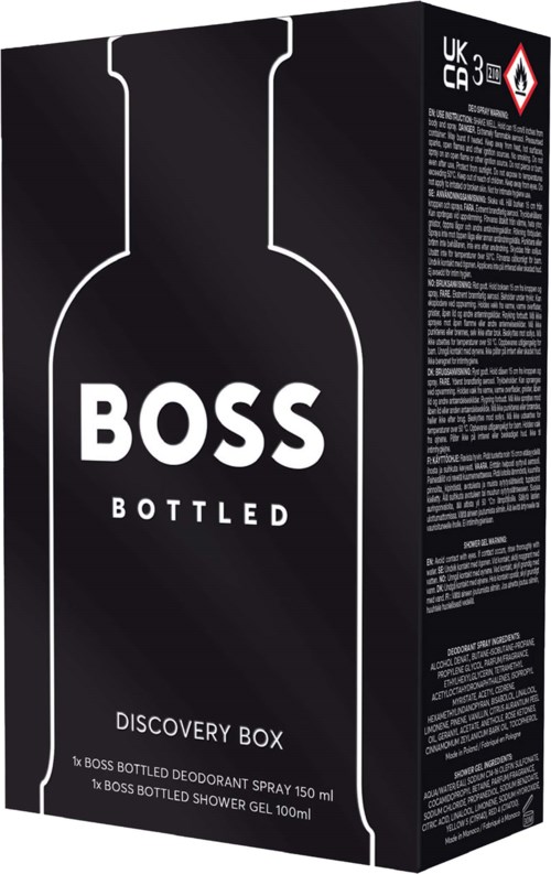 Box for BOSS bottled deodorant spray and shower gel, black packaging with white outline of a bottle and product details.