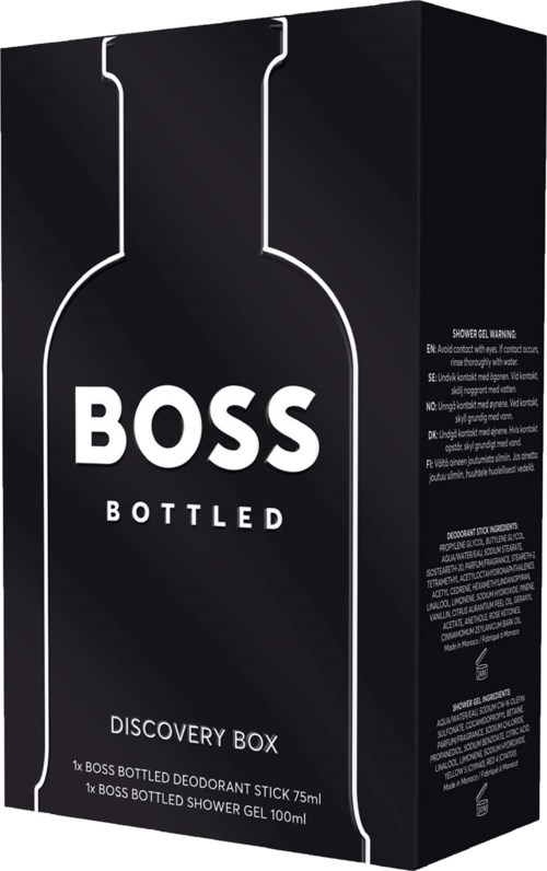 A black gift box with white outline of a bottle representing Boss Bottled shower gel and deodorant, with product names on the box.