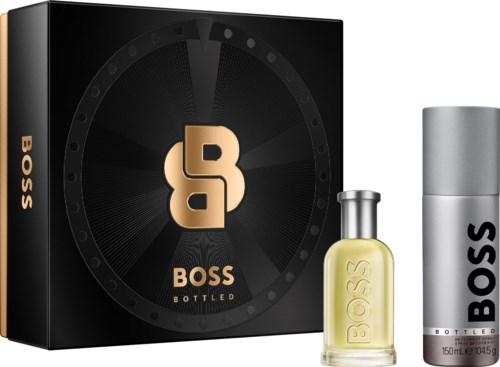 BOSS Bottled fragrance set with a black box, a small perfume bottle, and a silver deodorant stick.