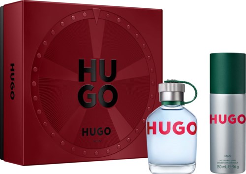 Hugo men's perfume gift set with a red box, a glass bottle, and a spray can.