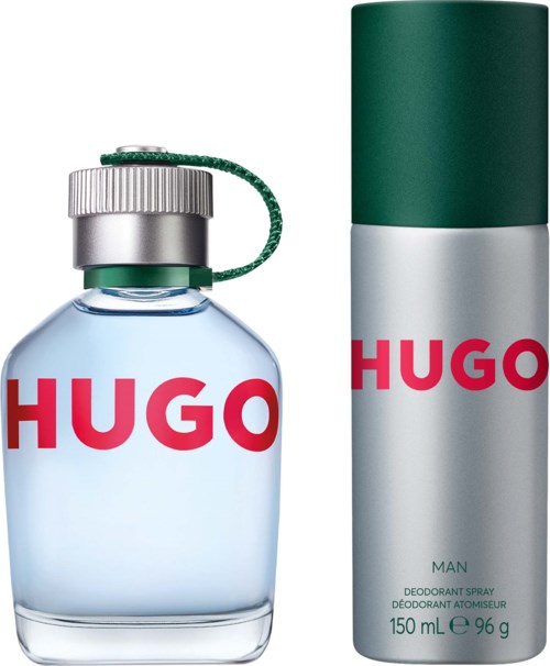 Hugo men's deodorant spray in a silver and green can with red logo and a clear glass bottle with a silver cap and green loop.