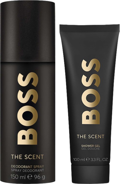 Black bottles of BOSS The Scent deodorant spray and shower gel with gold text, 150 ml and 100 ml respectively.