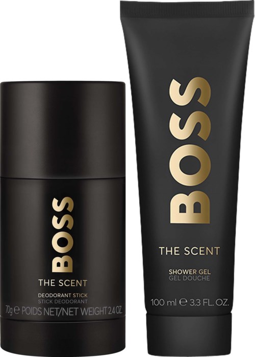 Two black BOSS scented products: a deodorant stick and a shower gel, both with gold lettering and minimalist design.