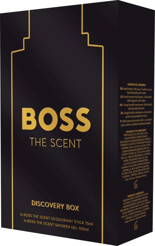 Black box with gold lines and text for Boss The Scent Discovery Box containing deodorant and shower gel.