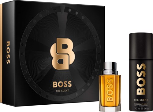 BOSS The Scent perfume box, bottle, and deodorant stick in black and gold packaging.