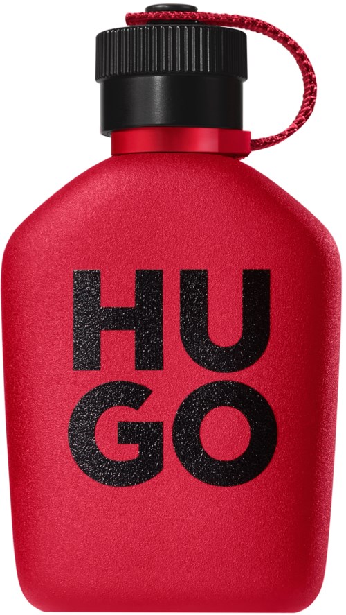 Ruwe waterfles met zwarte dop en rode lus, met de merknaam HUGO in grote zwarte letters.