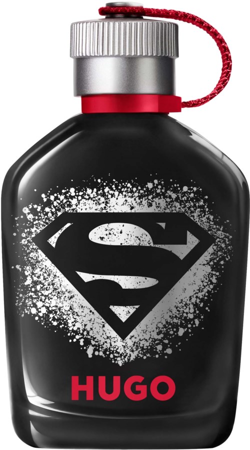 Zwarte fles met Superman-logo en de naam 'Hugo' in rood. Heeft een zilverkleurige dop en rode koord.