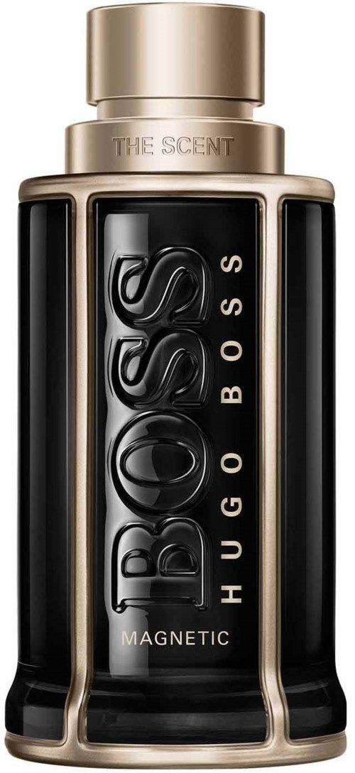 En lång parfymflaska med svart och goldfärg, märkt "BOSS" och "Hugo Boss." Den har en glänsande guldkapsel.