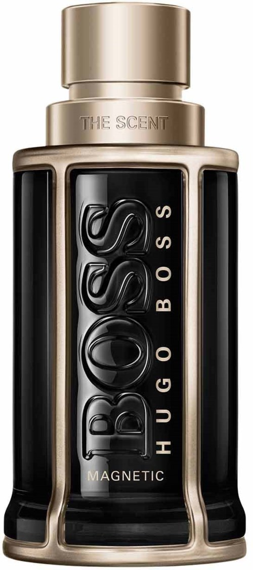 En flaska Hugo Boss magnetisk doftparfym med svart och guld och en slank design.
