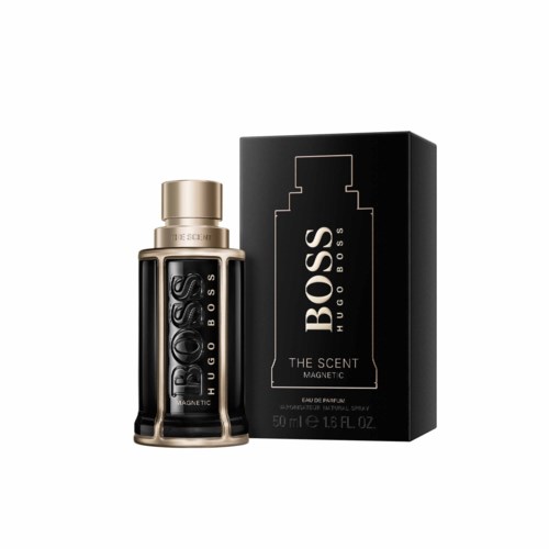 En svart flaska med silverlock och gulddetaljer, märkt BOSS THE SCENT MAGNETIC, bredvid en svart låda med liknande branding.