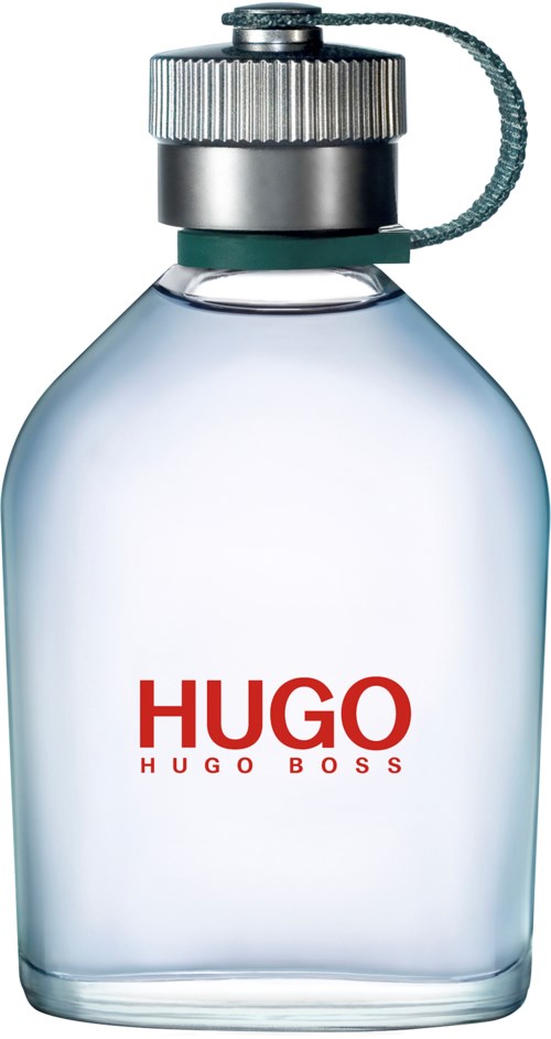 En glasflaska med Hugo Boss-parfym, med silverlock och kedja, med rött Hugo-nummer på vit bakgrund.