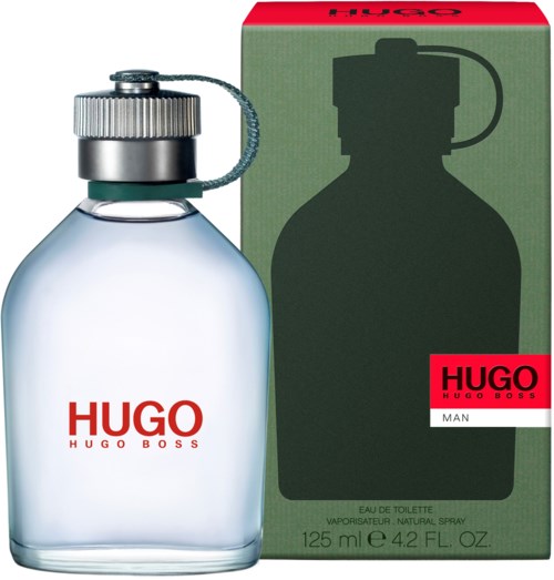 En parfyllflaska med silverkork och en grön box med en svart silhuett, märkt 'HUGO BOSS MAN', 125 ml.