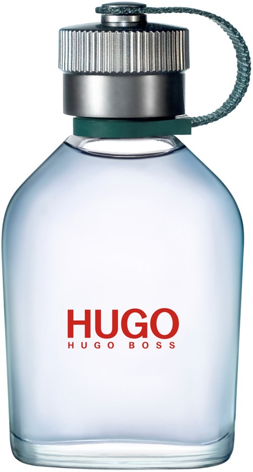En glasparfymflaska märkt 'HUGO HUGO BOSS' med lock i metall och en liten kedja.