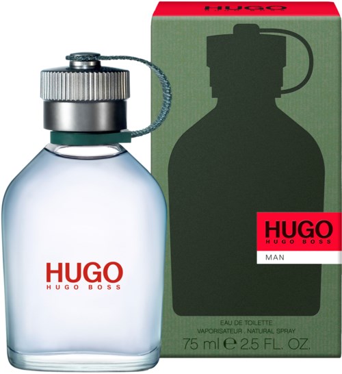 En liten parfymflaska med namnet HUGO BOSS MAN bredvid sin gröna låda med en svart silhuett och röd etikett.