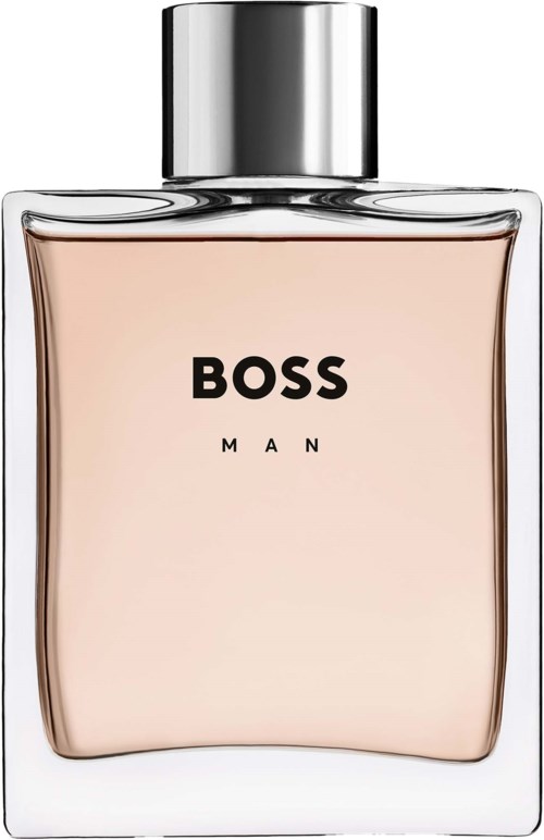 Een parfumfles met eenvoudig doorzichtig glasontwerp, zilverkleurige dop en 'BOSS MAN'-label.