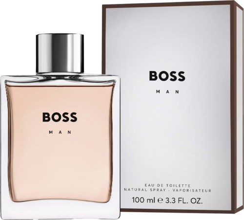 Een Boss Man parfumfles met doos, eenvoudig ontwerp, duidelijke label en zilveren dop.
