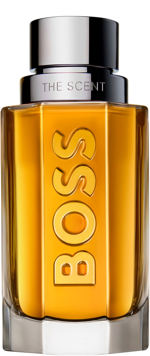 Ein Parfümflasche mit silberner Kappe, gelb-orange Flüssigkeit und dem Wort BOSS auf der Vorderseite.