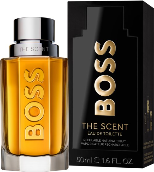 Boss-Parfümflasche mit schwarzer Verpackung, gelb-orange Flüssigkeit und silberner Kappe, mit der Aufschrift 'The Scent'.