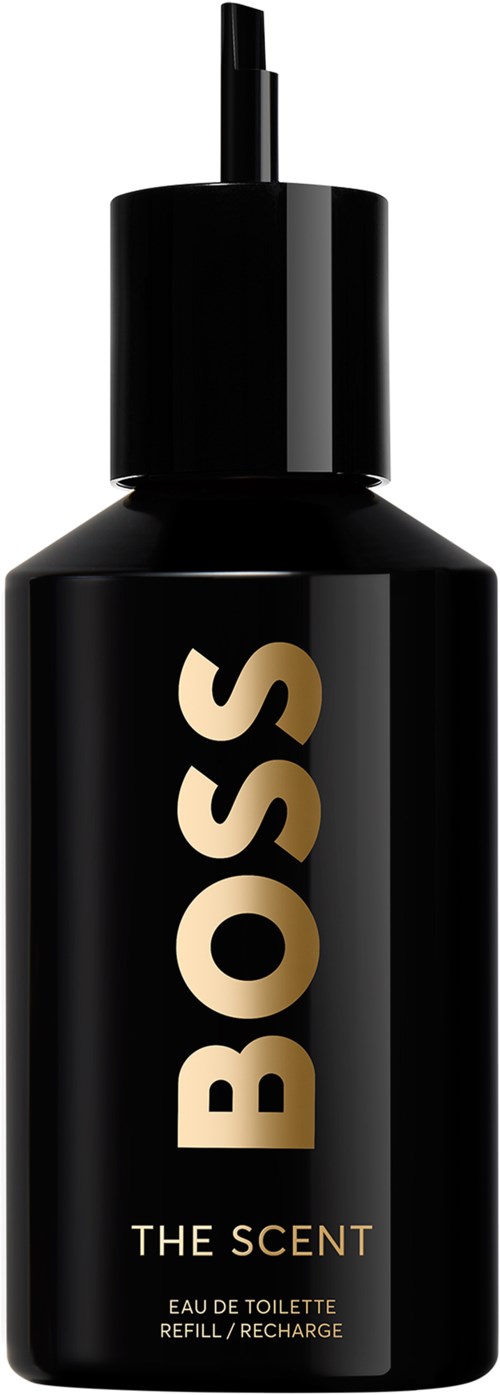 Zwarte fles met spraydop, gelabeld 'BOSS THE SCENT', parfum of cologne.