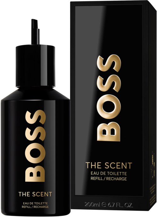 Een zwarte fles met dop en een doos, beide met BOSS THE SCENT, voor parfumnavulling.