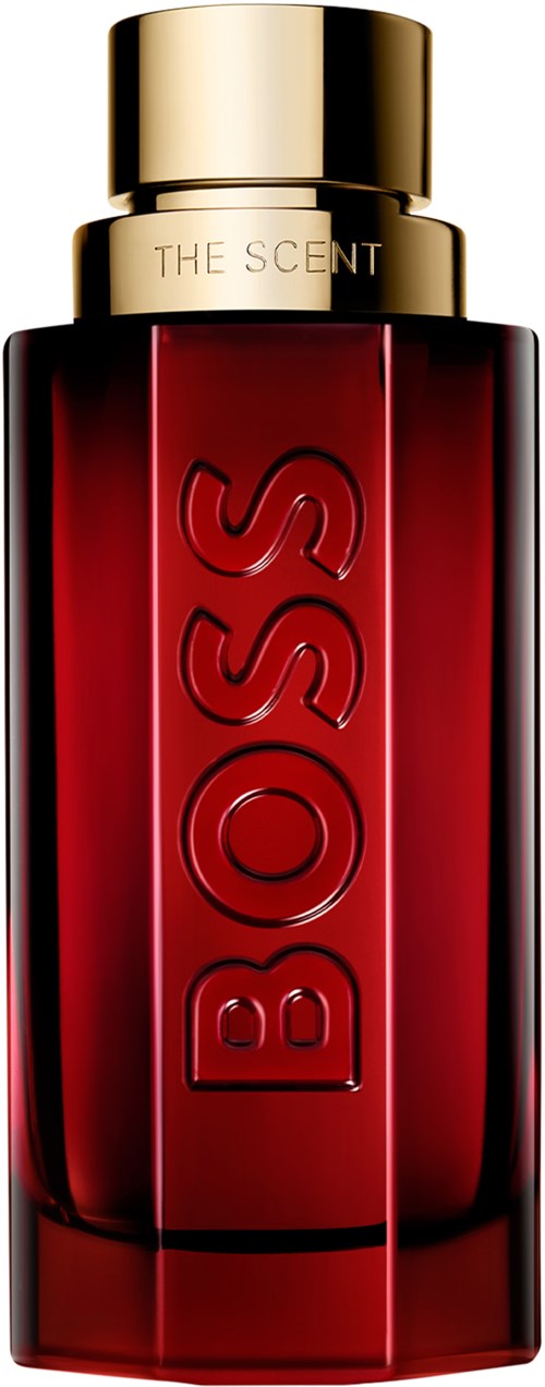 Eine rote Parfümflasche mit Goldkappe und dem Wort 'BOSS' auf der Vorderseite. Die Flasche ist lang und elegant.