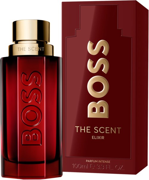 Eine rote Parfünflasche mit Goldkappe neben einer passenden roten Schachtel mit BOSS THE SCENT ELIXIR.