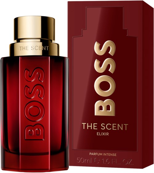 Eine rote Parfümflasche mit goldener Kappe und passende Box mit der Aufschrift 'BOSS THE SCENT ELIXIR'.