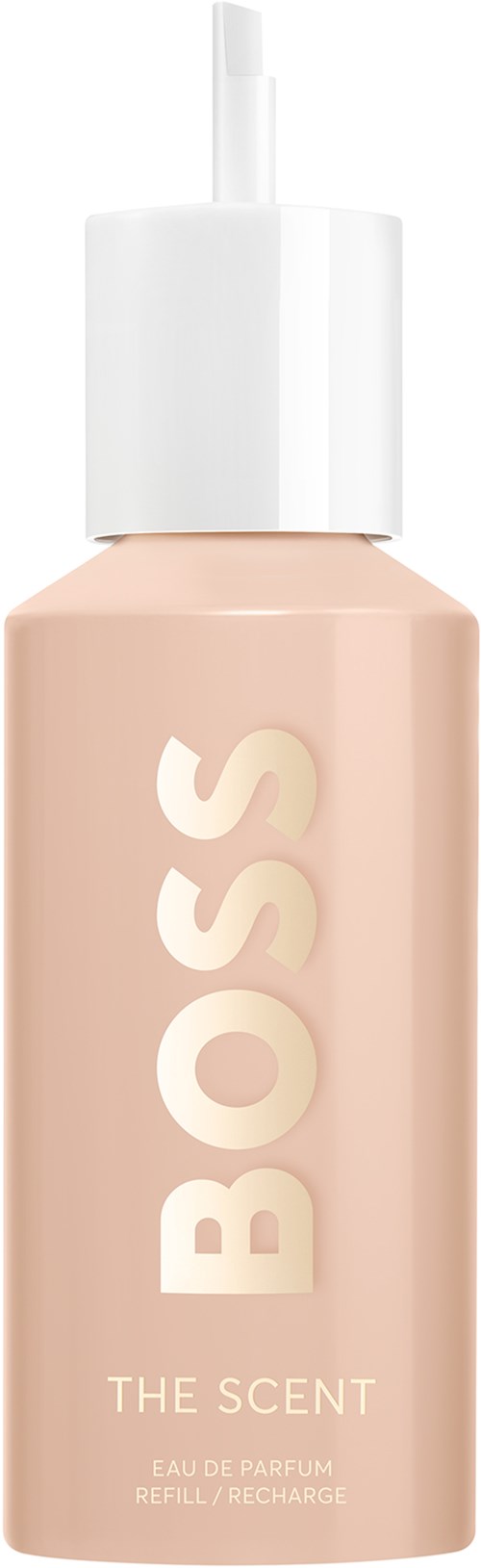Een beige parfumfles met 'BOSS THE SCENT' erop en een witte dop met spray.