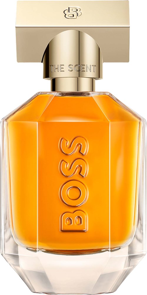 Een parfumfles met goudkleurige dop en oranje vloeistof, gelabeld met BOSS.