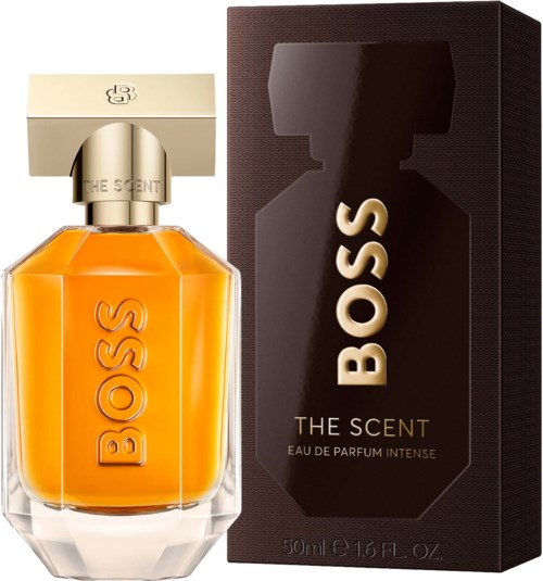 Een BOSS parfumfles in oranje met een zwart doosje, gelabeld THE SCENT, Eau de Parfum Intense.