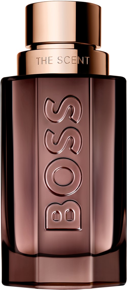 A brown perfume bottle with a gold cap, labeled "BOSS" and "THE SCENT" at the top.