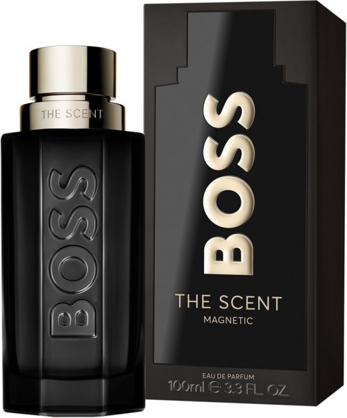 Een zwarte parfumfles met een gouden deksel en een zwart doosje met 'BOSS THE SCENT MAGNETIC'.