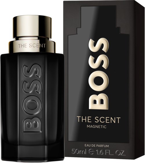 Zwarte parfumfles met een gouden dop, gelabeld 'BOSS THE SCENT' en een zwarte doos met witte tekst.