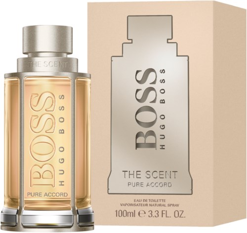En parfyllflaska och box, märkt "BOSS," med beige och silverdesign, för Hugo Boss Pure Accord.