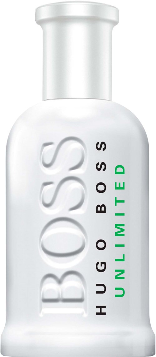 Witte fles met BOSS en UNLIMITED erop gedrukt, waarschijnlijk een parfum of cologne. Strak en eenvoudig ontwerp.