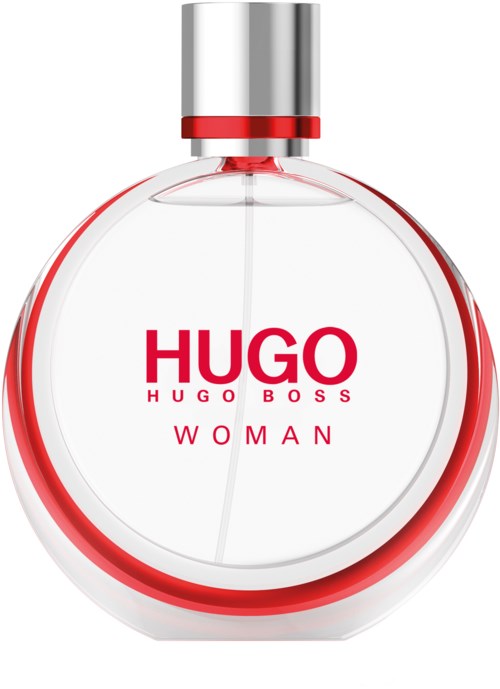 Een doorzichtige parfumfles met ronde vorm, rode rand binnenin, en zilveren en rode dop. Tekst toont Hugo Boss Woman.