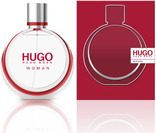 Een parfumfles en een eenvoudige schets van dezelfde fles met het label 'Hugo Boss Woman'.