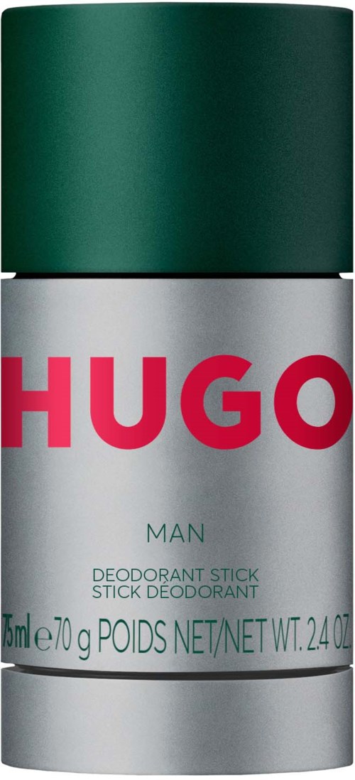 Een deodorantstift met groen deksel, zilveren container en rode merknaam 'HUGO'.