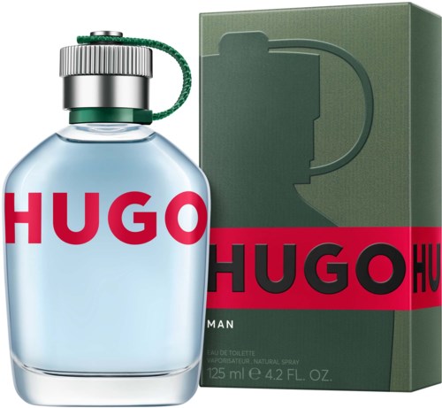 Een Hugo mannenparfumfles met groen en zilveren dop, naast een groene doos met rode en zwarte tekst.